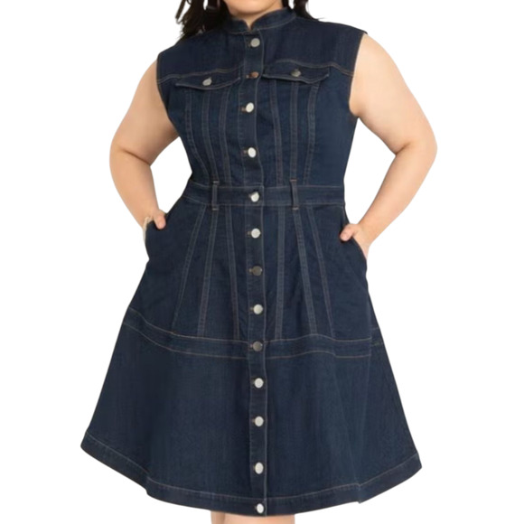 Eloquii Fit & Flare Denim Dress‎ sz 28 Women Dark Blue Pockets Sleeveless NEW - Picture 1 of 15